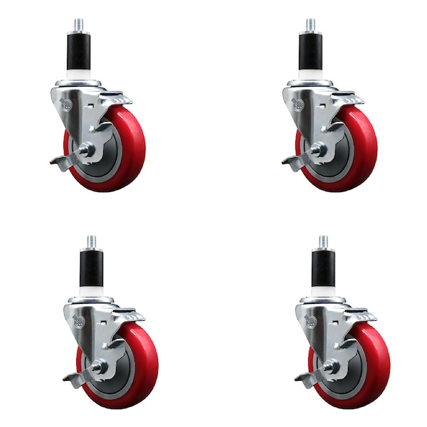 Service Caster 4'' SS Red Poly Swivel 1-3/8'' Expanding Stem Caster Set with Brake, 4PK SCC-SSEX20S414-PPUB-RED-TLB-138-4 - main